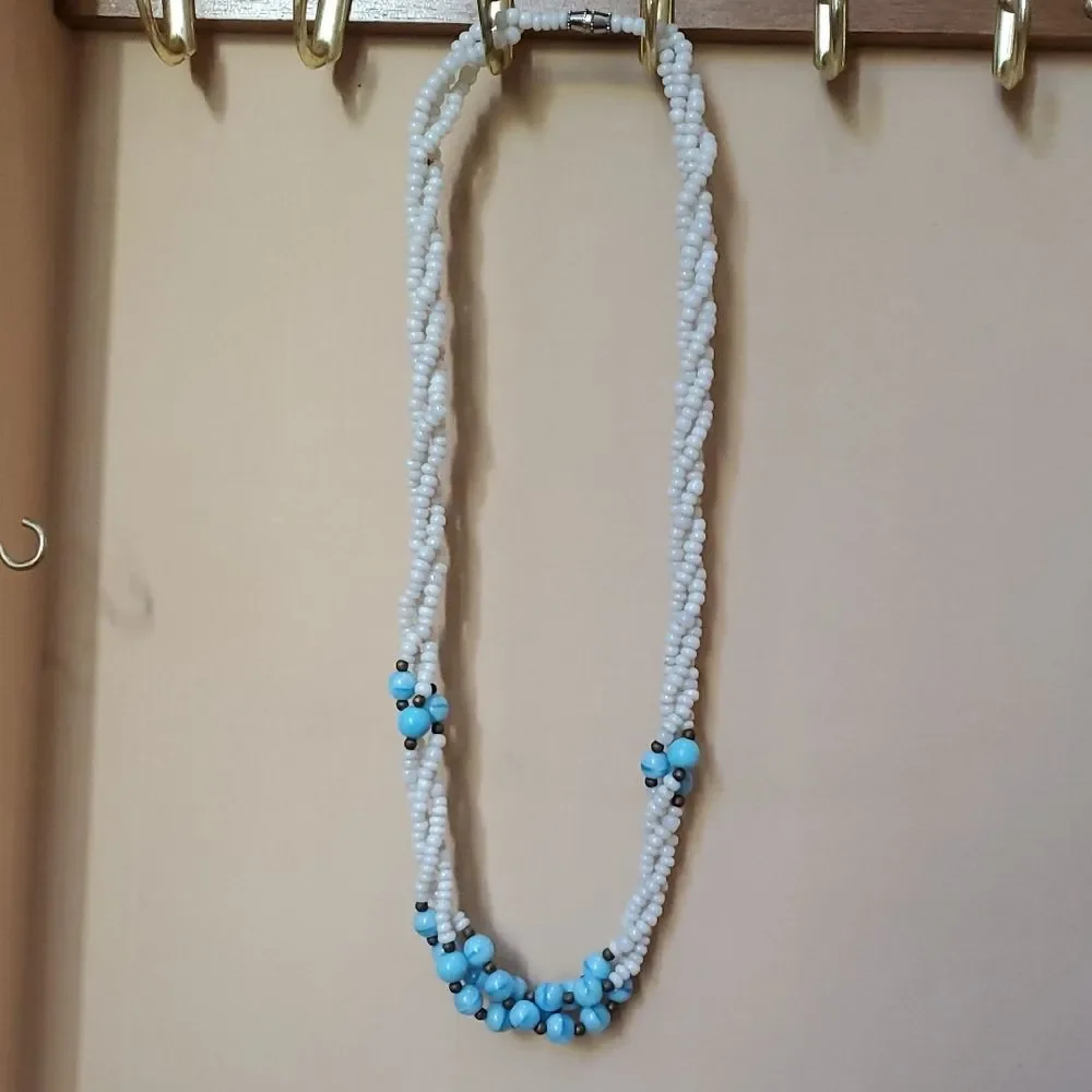 Elegant White and Blue Beaded Necklace
